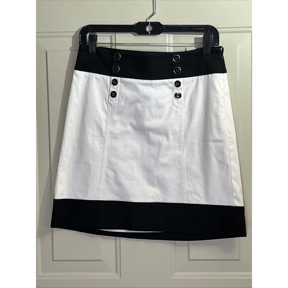 White House Black Market Skirt Sz 2 Black White Nautical Button Cotton Lined - Picture 1 of 5